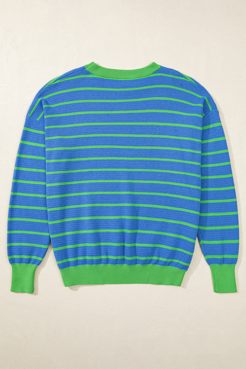 Striped Waffle Knit Long Sleeve Crew Neck Pullover Top