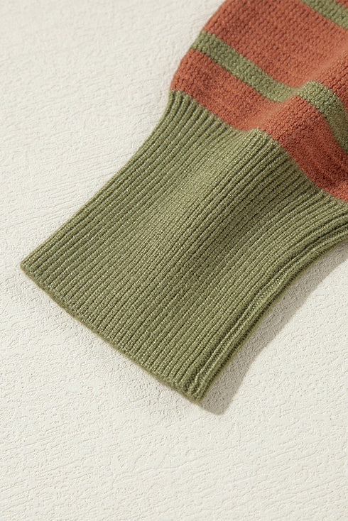 Striped Waffle Knit Long Sleeve Crew Neck Pullover Top