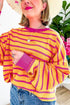 Striped Waffle Knit Long Sleeve Crew Neck Pullover Top