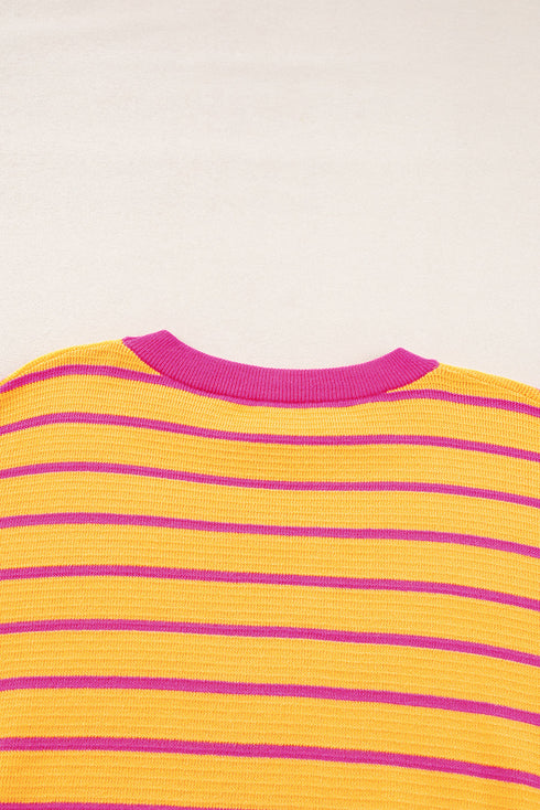 Striped Waffle Knit Long Sleeve Crew Neck Pullover Top