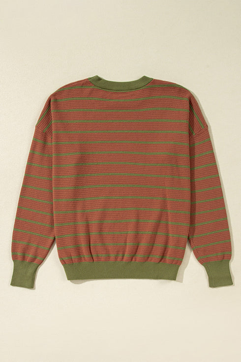 Striped Waffle Knit Long Sleeve Crew Neck Pullover Top