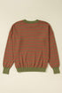 Striped Waffle Knit Long Sleeve Crew Neck Pullover Top