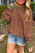 Striped Waffle Knit Long Sleeve Crew Neck Pullover Top