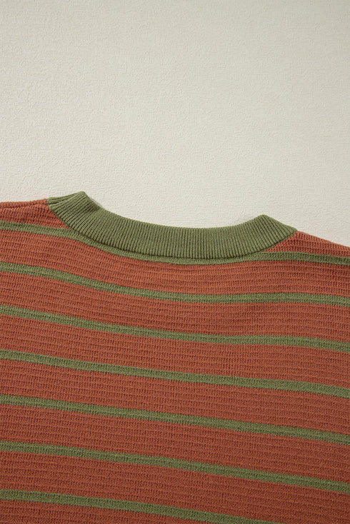 Striped Waffle Knit Long Sleeve Crew Neck Pullover Top