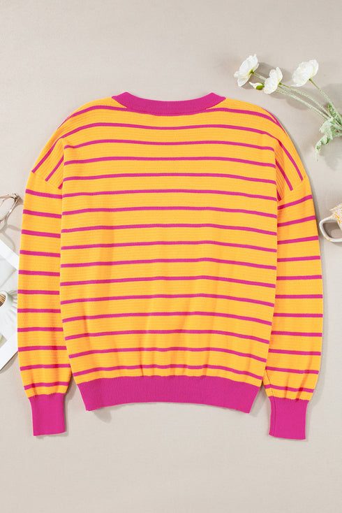 Striped Waffle Knit Long Sleeve Crew Neck Pullover Top
