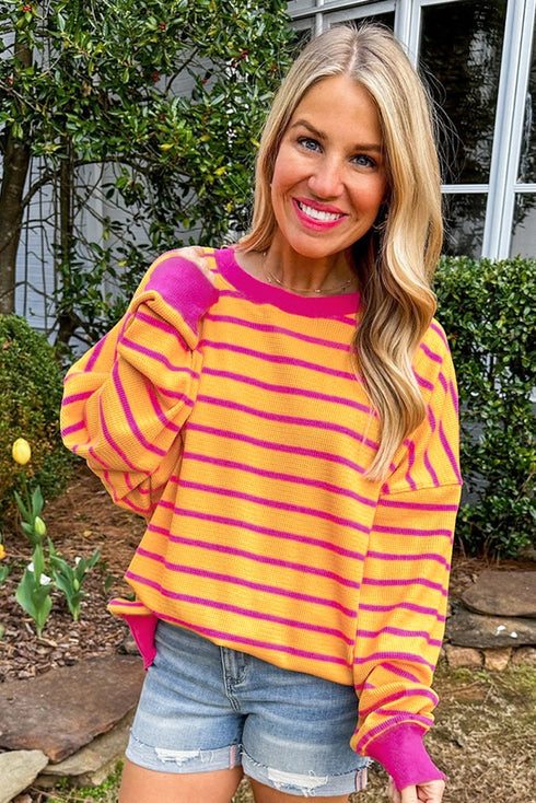 Striped Waffle Knit Long Sleeve Crew Neck Pullover Top