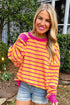 Striped Waffle Knit Long Sleeve Crew Neck Pullover Top