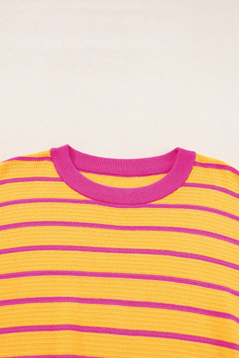 Striped Waffle Knit Long Sleeve Crew Neck Pullover Top