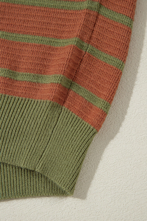 Striped Waffle Knit Long Sleeve Crew Neck Pullover Top