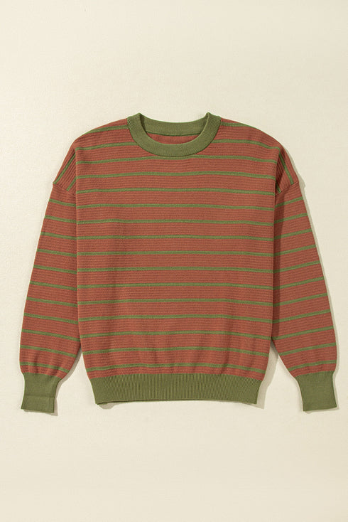 Striped Waffle Knit Long Sleeve Crew Neck Pullover Top