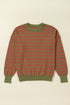Striped Waffle Knit Long Sleeve Crew Neck Pullover Top