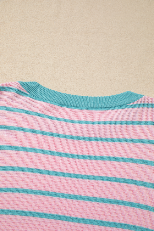 Striped Waffle Knit Long Sleeve Crew Neck Pullover Top