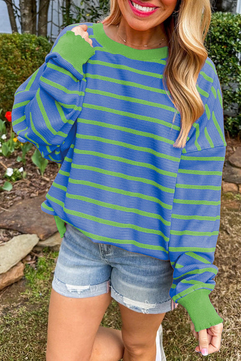 Striped Waffle Knit Long Sleeve Crew Neck Pullover Top
