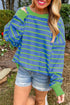 Striped Waffle Knit Long Sleeve Crew Neck Pullover Top