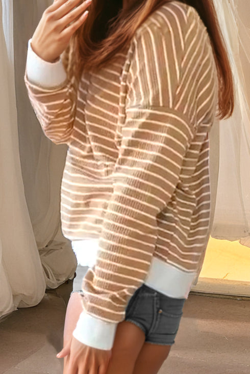Striped Waffle Knit Long Sleeve Pullover Top