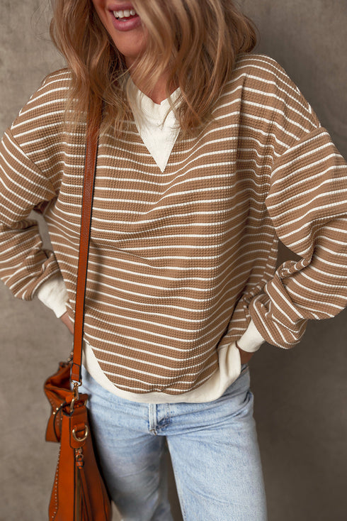 Striped Waffle Knit Long Sleeve Pullover Top