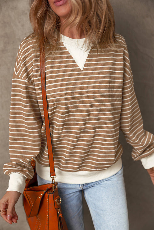 Striped Waffle Knit Long Sleeve Pullover Top