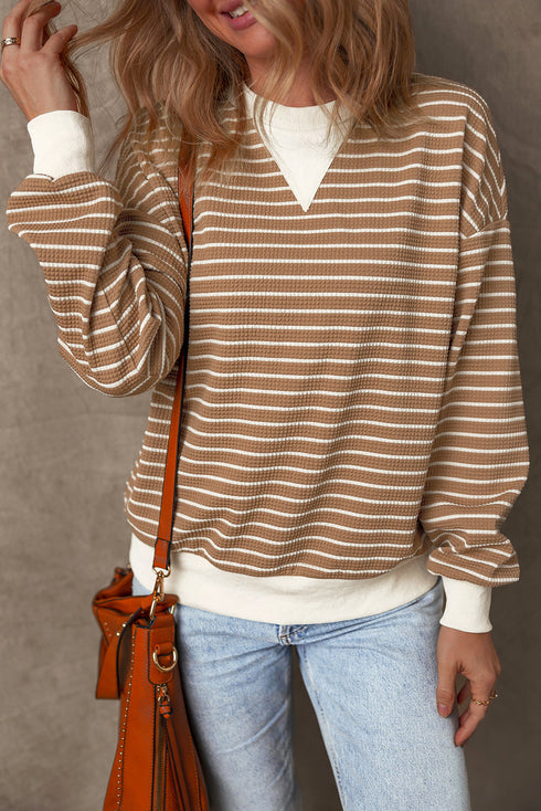 Striped Waffle Knit Long Sleeve Pullover Top