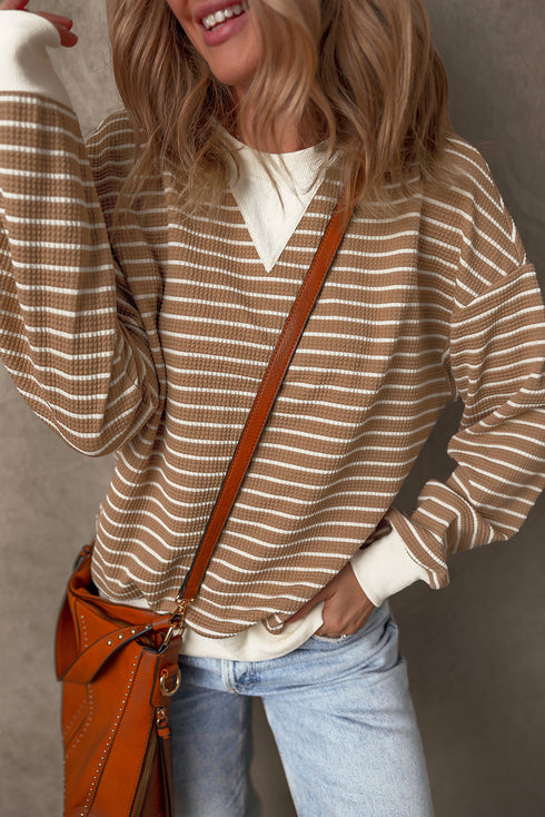 Striped Waffle Knit Long Sleeve Pullover Top
