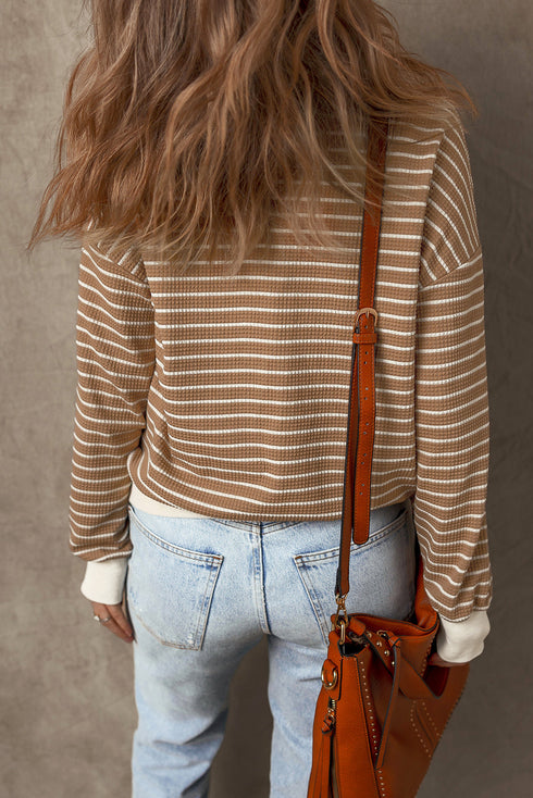 Striped Waffle Knit Long Sleeve Pullover Top