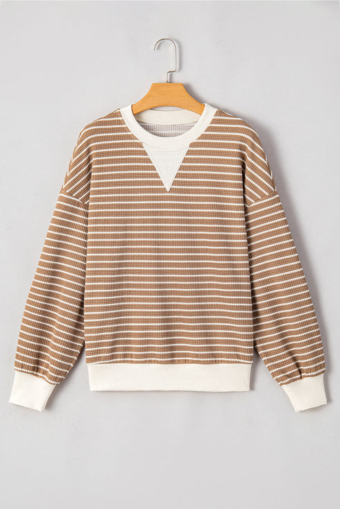 Striped Waffle Knit Long Sleeve Pullover Top