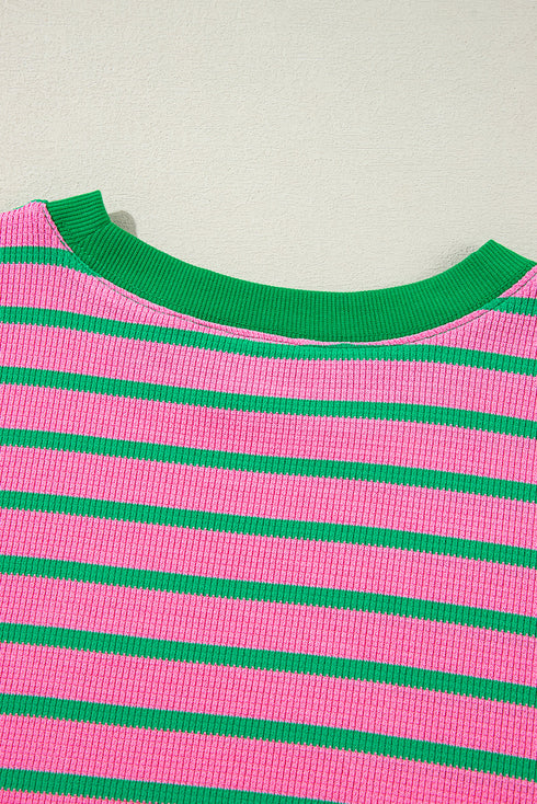 Striped Waffle Knit Paneled Crew Neck Sweatshirt