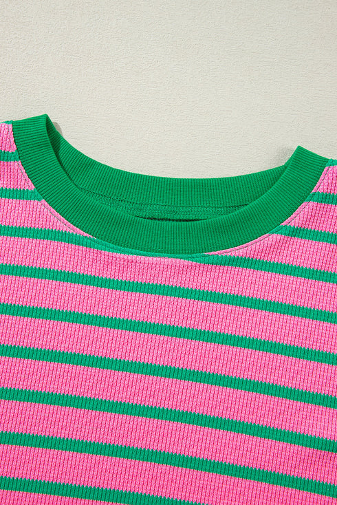 Striped Waffle Knit Paneled Crew Neck Sweatshirt
