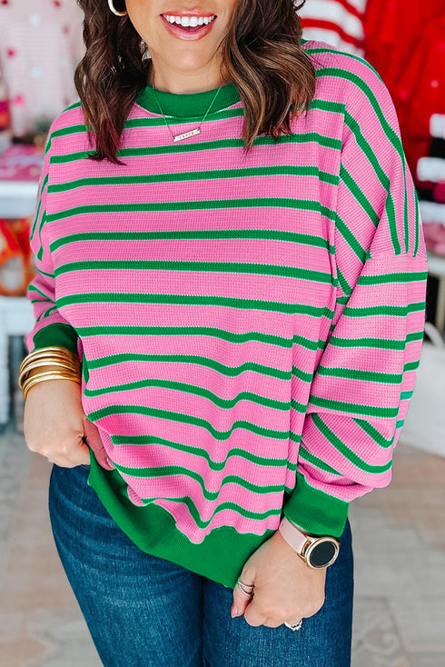 Striped Waffle Knit Paneled Crew Neck Sweatshirt