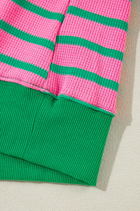 Striped Waffle Knit Paneled Crew Neck Sweatshirt