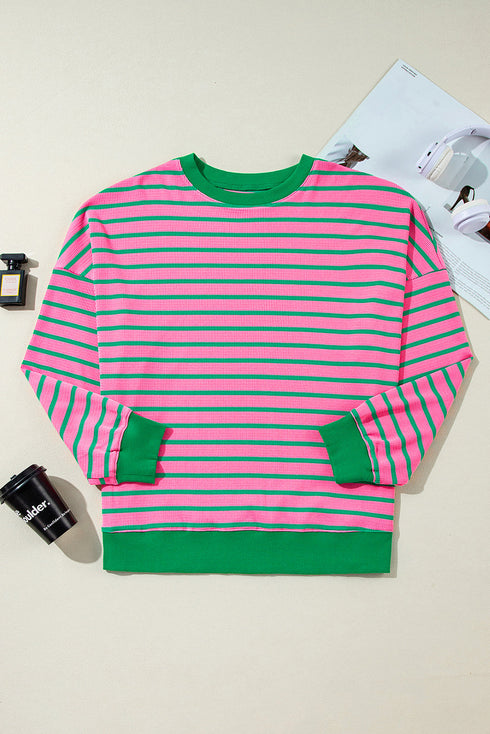 Striped Waffle Knit Paneled Crew Neck Sweatshirt