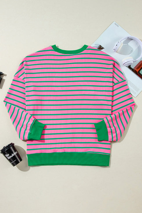 Striped Waffle Knit Paneled Crew Neck Sweatshirt