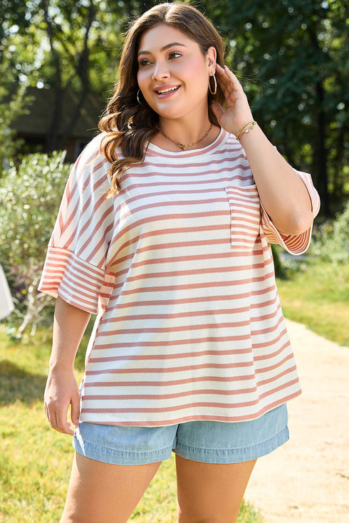 Striped Waffle Knit Pocketed Half Sleeve Plus Size Tee