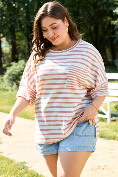 Striped Waffle Knit Pocketed Half Sleeve Plus Size Tee