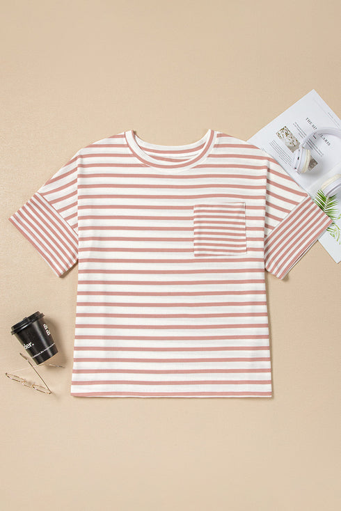 Striped Waffle Knit Pocketed Half Sleeve Plus Size Tee