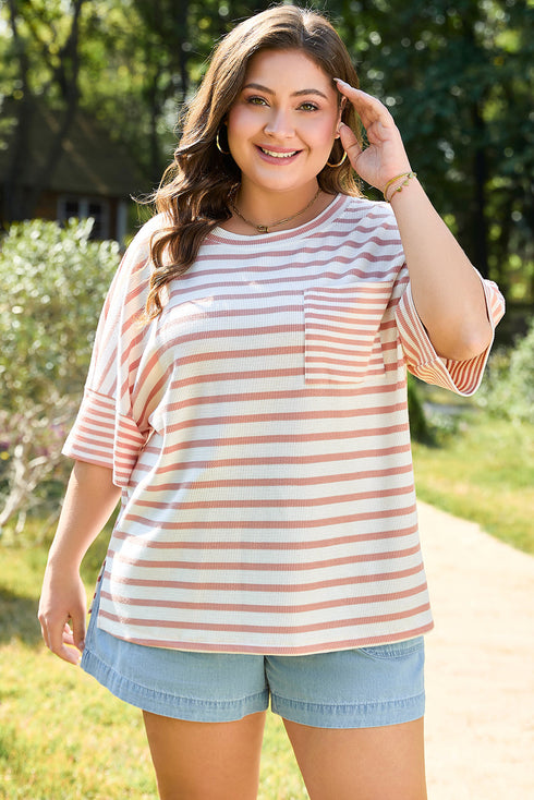 Striped Waffle Knit Pocketed Half Sleeve Plus Size Tee