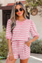 Striped Waffle Knit Puff Sleeve Matching Short Sets