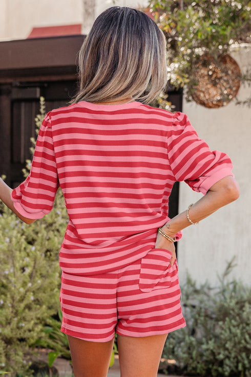 Striped Waffle Knit Puff Sleeve Matching Short Sets