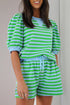 Striped Waffle Knit Puff Sleeve Matching Short Sets