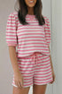 Striped Waffle Knit Puff Sleeve Matching Short Sets