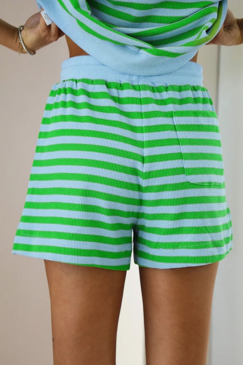 Striped Waffle Knit Puff Sleeve Matching Short Sets