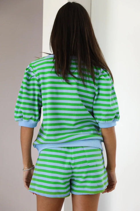 Striped Waffle Knit Puff Sleeve Matching Short Sets