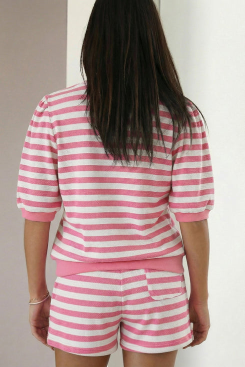 Striped Waffle Knit Puff Sleeve Matching Short Sets