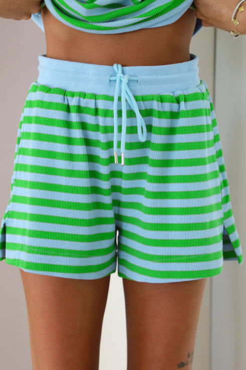 Striped Waffle Knit Puff Sleeve Matching Short Sets
