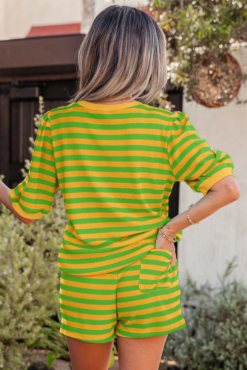 Striped Waffle Knit Puff Sleeve Matching Short Sets