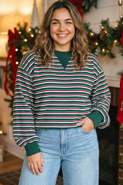Striped Waffle Knit Round Neck Long Sleeve Sweatshirt
