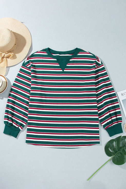 Striped Waffle Knit Round Neck Long Sleeve Sweatshirt