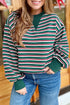 Striped Waffle Knit Round Neck Long Sleeve Sweatshirt