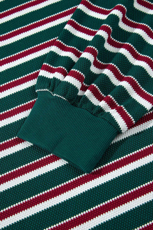 Striped Waffle Knit Round Neck Long Sleeve Sweatshirt