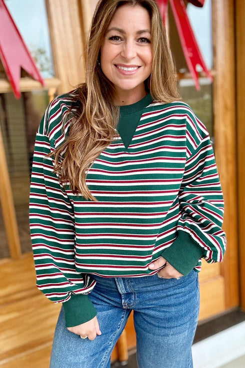 Striped Waffle Knit Round Neck Long Sleeve Sweatshirt