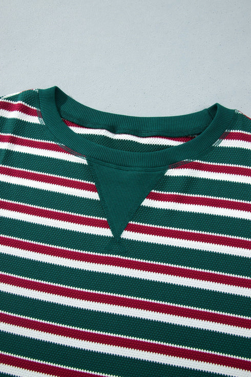 Striped Waffle Knit Round Neck Long Sleeve Sweatshirt